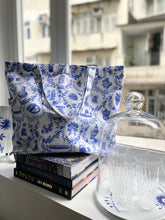Load image into Gallery viewer, Tote Bag &quot;Blue Floral with HK Icons&quot; TB29
